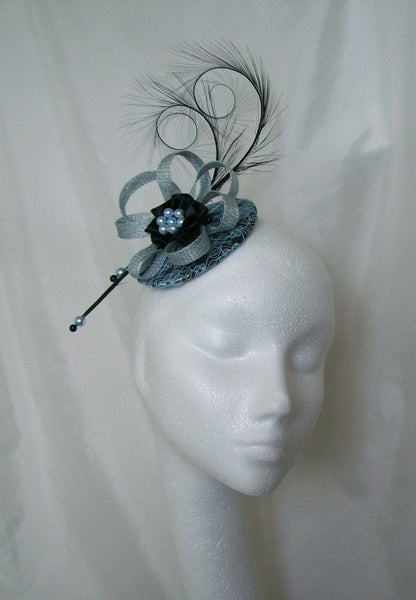 Pale Blue Lace Fascinator with Black Curl Feathers Sinamay Loops and Pearls Wedding- Made To Order