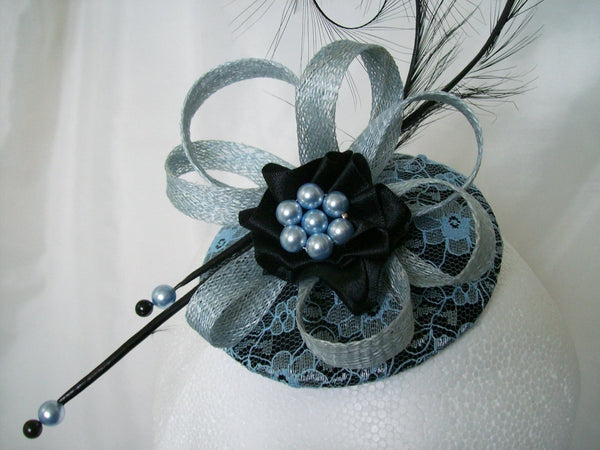 Pale Blue Lace Fascinator with Black Curl Feathers Sinamay Loops and Pearls Wedding- Made To Order