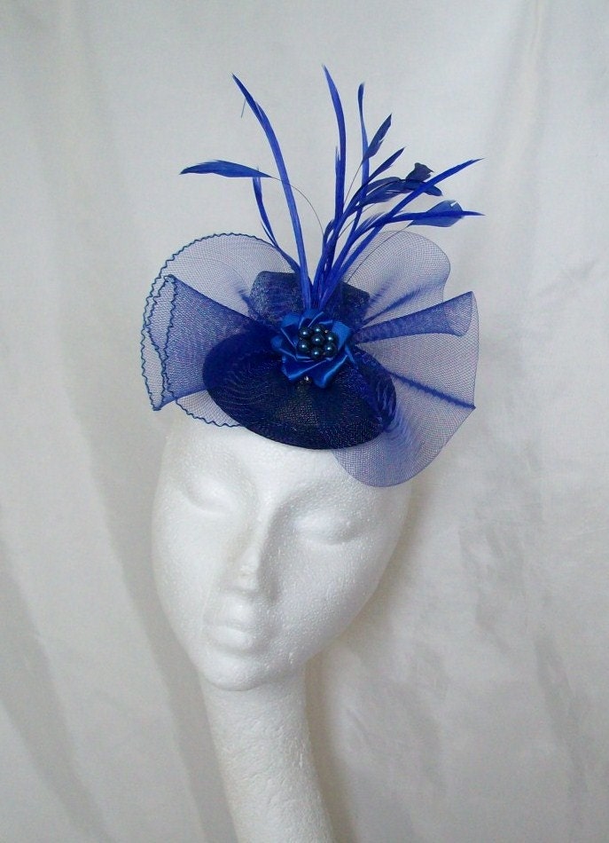 Royal Blue Vintage Style Crinoline Bow Feather Plume & Crystal Wedding Fascinator Mini Hat - Custom Made to Order