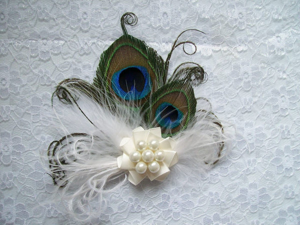 Ivory Peacock Fascinator Small and Dainty Off White Feather & Pearl Vintage Bride Bridal Mini Hair Clip Headpiece Gift Gifts - Made to Order