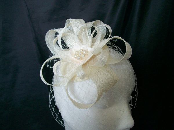 Ivory Sinamay Fascinator Loops and Blusher Veil Bridal Fascinator Mini Hat Headpiece  - Made to Order